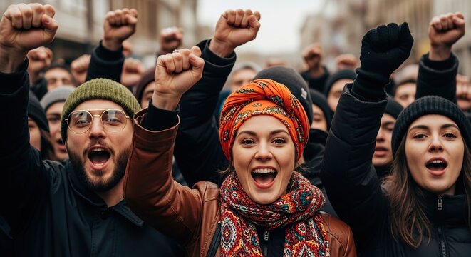 Passionate crowd protesting for social change raising fists together in unity, a vibrant display of activism and collective action for equal rights for all