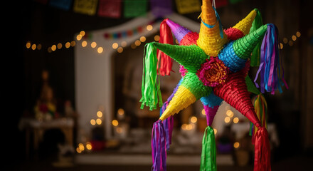Las Posadas celebration with traditional star piñata and twinkling lights, festive spirit embodying Las Posadas. This Mexican holiday tradition captures joyous mood of Las Posadas,