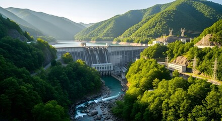 Aerial view of a dam surrounded by lush green mountains and a river under a clear blue sky day 100 chr