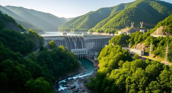 Aerial view of a dam surrounded by lush green mountains and a river under a clear blue sky day 100 chr