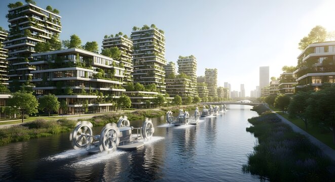 Futuristic city with green buildings and boats on the river in a sustainable urban environment view