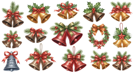 Collection of decorative christmas bells with bows and holly embellishments isolated on transparent background