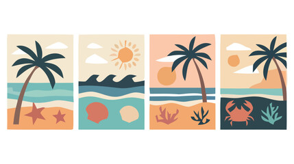 Four panel tropical beach scene with palm trees and ocean life