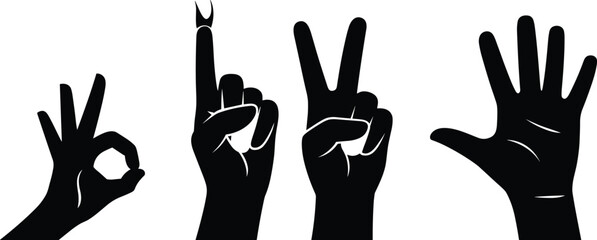Set of black hand silhouettes showing various gestures like okay, pointing up, victory sign, and open palm, vector illustration