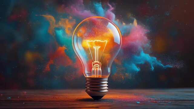 Conceptual lightbulb on wood with colorful powder explosion idea energy