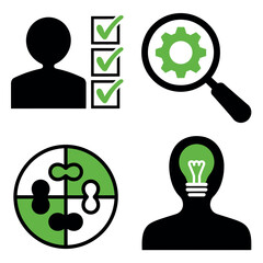 Four icons representing business concepts like analysis planning and innovation