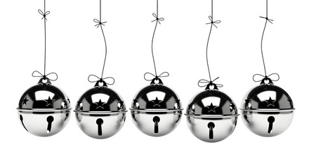 Five shiny silver jingle bells isolated on transparent background are hanging in a row