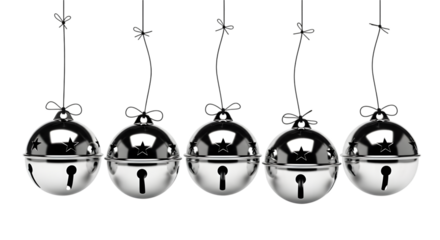Five shiny silver jingle bells isolated on transparent background are hanging in a row