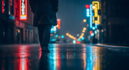 Person walks alone in rainy city night, neon lights reflecting on wet street, creating a mood of solitude, mystery, and urban atmosphere for film or design