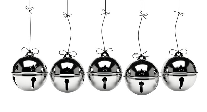 Five shiny silver jingle bells isolated on transparent background are hanging in a row