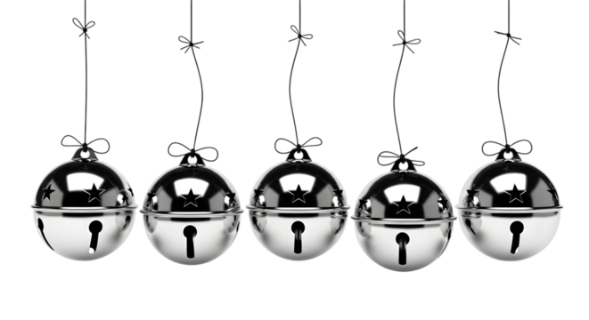 Five shiny silver jingle bells isolated on transparent background are hanging in a row