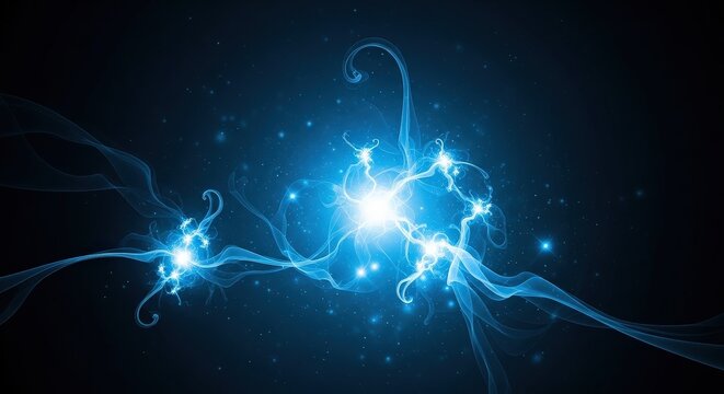 Glowing blue neuron cells in dark background with vibrant lighting in abstract format for science and medical use