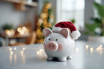 close-up of a piggy bank with a santa claus hat on a table, with christmas lights in the background. this concept provides copy space for computer and mobile phone desktop wallpape