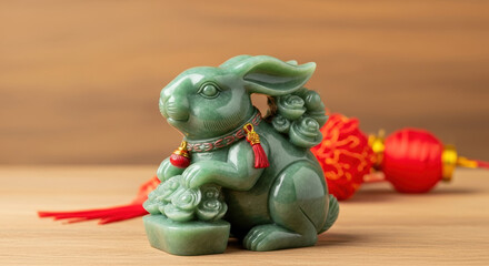 Lunar New Year with jade rabbit figurine displayed on table. Elegant jade rabbit decoration embodies the Lunar New Year celebration, accompanied by red lantern charm.