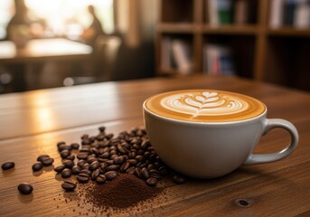 A beautifully crafted latte with intricate foam art, surrounded by coffee beans and grounds on a wooden surface.