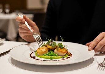 A person enjoys seared scallops with pea puree and sprouts in an elegant setting. Concept for culinary excellence, fine dining experience and food presentation