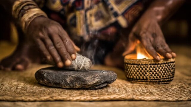 A ritual hands gently hold a smudge stick over a stone, with flames and intricate basket nearby