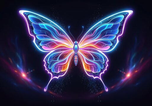 A vibrant, glowing butterfly with intricate details, radiating neon colors against a dark background. - Powered by Adobe