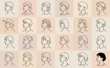 Collection of hand drawn sketches of diverse female and male faces in profile