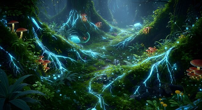 A mystical forest with glowing roots and mushrooms in a vibrant and magical environment scene view - Powered by Adobe