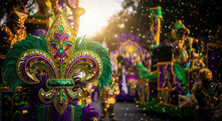 Mardi Gras celebrations with fleur de lis and confetti, festive parade floats mark Mardi Gras. Colorful decor, vibrant purple and gold, epitomize joyous Mardi Gras celebrations during carnival season.