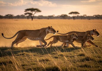 A pride of lions running across the savanna during the golden hour, creating a dynamic scene.