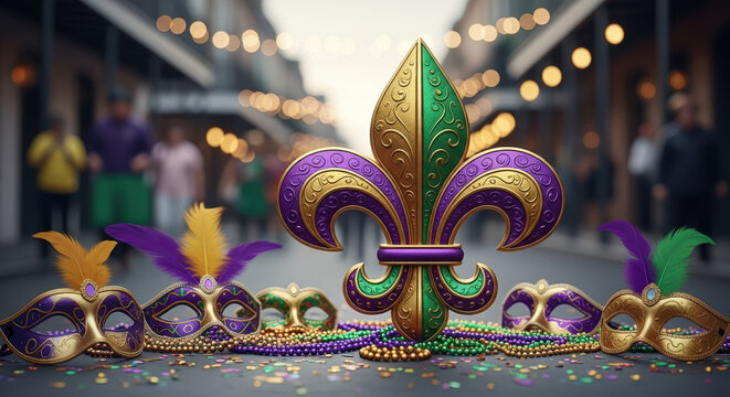 Mardi Gras celebration with fleur de lis symbol and colorful masks on street. Mardi Gras festival features gold, green, and purple colors; bead necklaces; and a lively atmosphere.