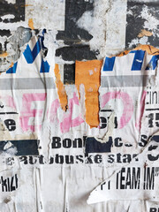 Torn and ripped street poster background, messy paper art collage