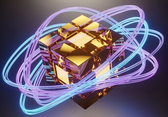 A golden cube with a complex design, surrounded by glowing, looping neon light trails, creating a futuristic aesthetic.
