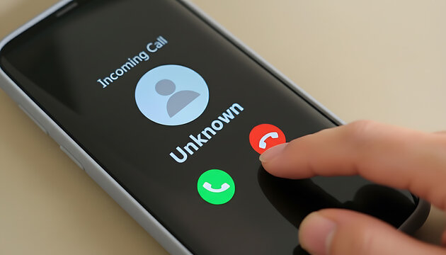 Finger rejecting unknown incoming call on smartphone screen, avoid spam calls, beware of scam, cybersecurity concept, protect your mobile privacy - Powered by Adobe