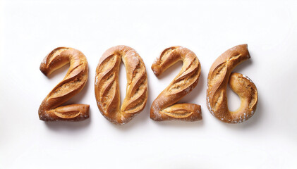 Writing the Year 2026 with French Baguette, 2026 Baguette Bread Typography on White Background &ndash; Artisan Bakery Art, Writing the Year 2026 with Bread, 2026 Bread Typography on White Background &ndash; Rusti