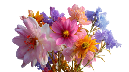  Bouquet of beautiful summer flowers with vibrant colors and delicate petals arranged for seasonal decor and creative floral projects isolated on white background