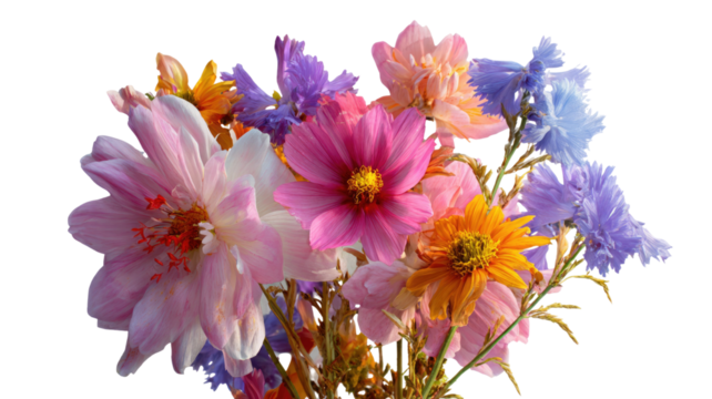  Bouquet of beautiful summer flowers with vibrant colors and delicate petals arranged for seasonal decor and creative floral projects isolated on white background