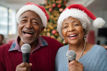 photo of a happy senior african american couple wearing santa hats and holding microphones, singing during a christmas celebration at home. the focus is on their faces, with a blur