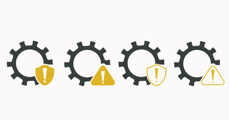 A set of vector icons featuring gear and cogwheel symbols combined with warning signs. Designed in a clean minimalist style, suitable for illustrating system errors, maintenance alerts, industrial haz