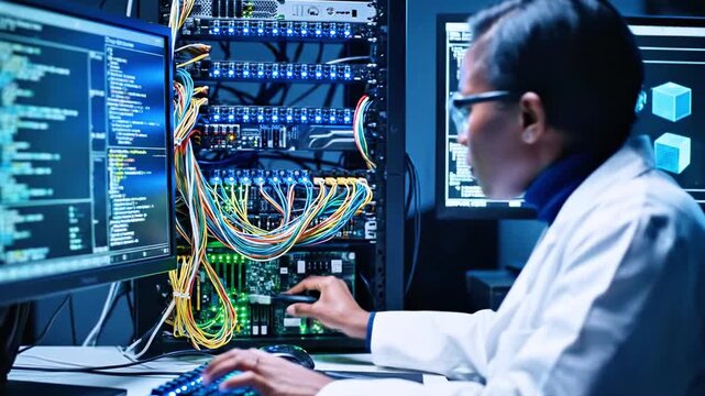 A person in a lab coat is working on a server rack with multiple monitors displaying code