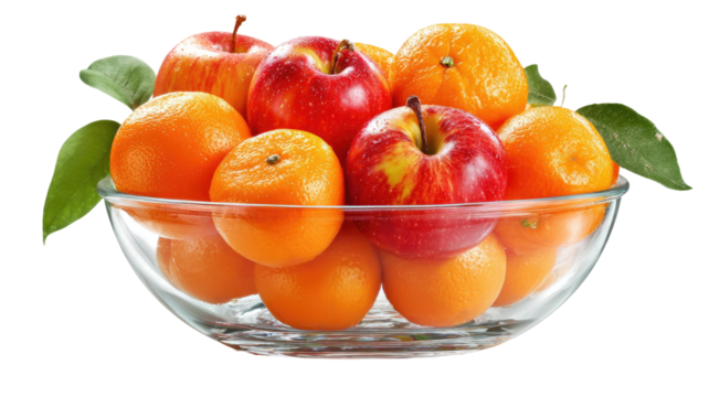  Bowl of fresh apples and oranges with vibrant colors and natural textures arranged for healthy eating and fruit display isolated on white background