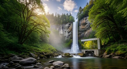 A scenic waterfall cascading down rocks surrounded by lush greenery and a turbine structure near water