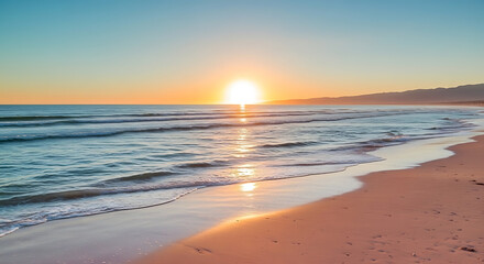 Golden sunset paints ocean waves with light on a tranquil beach, perfect for travel inspiration, relaxation visuals, or summer vacation promotions