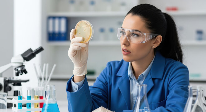 Mycoplasma pneumonia research in laboratory setting with scientist in lab coat examining petri dish. Mycoplasma pneumonia involves scientific method, analysis and observation under sterile conditions,