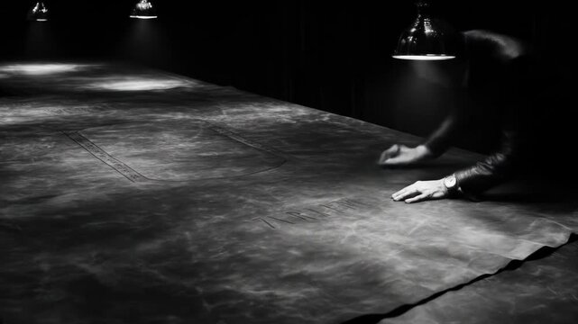 A person in a dark setting, under lights, etching into a large surface