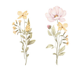 Fototapeta premium Watercolor set with delicate bouquets of green plants, blossom yellow and pink flowers. Hand-drawn design compositions for your cards, banners, poster or floral print. Isolated aquarelle illustration.
