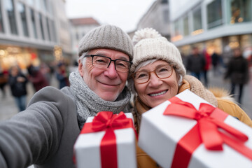 clouse up photo of a happy senior couple taking a selfie while holding christmas gifts at the city square during winter, with many people around and a shopping center in the backgr