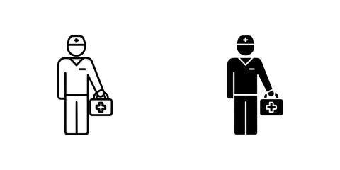 Line art icon of doctor with first aid kit isolated on symbol of medical care