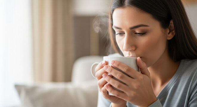 Woman drinking tea, facing Mycoplasma pneumonia infection, taking a sip from mug. Woman enjoying hot tea, potentially for Mycoplasma pneumonia symptoms relief, seeking comfort and warmth from drink.