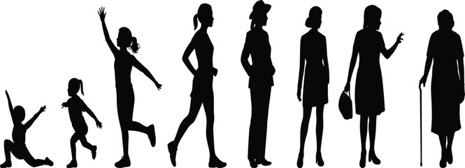 Silhouette set of female life cycle stages, from baby girl to elderly woman, human aging concept, vector isolated on white