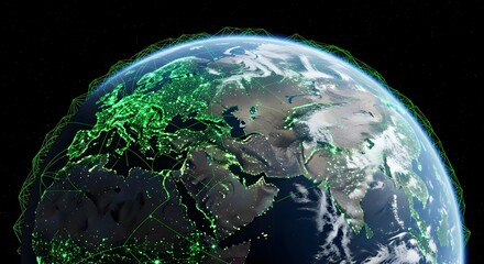 A glowing earth with green network lines connecting continents in a dark space environment view