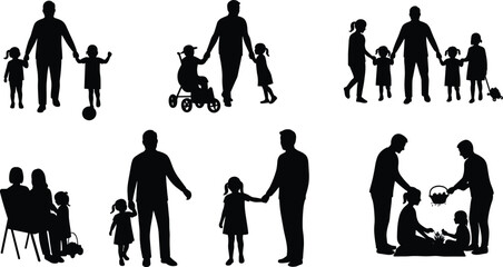 Silhouette of parents and children spending time together, family activities, playing, walking, parenting, love, and care concept vector illustration design.