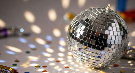 Sparkling disco ball illuminates New Year's Eve celebration. New Year's Eve party with disco ball brings festive mood, creating magical ambiance with shiny and reflective surfaces.