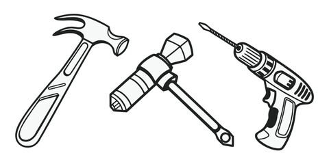 A claw hammer, a pipe wrench, and a cordless drill are displayed on a white background.